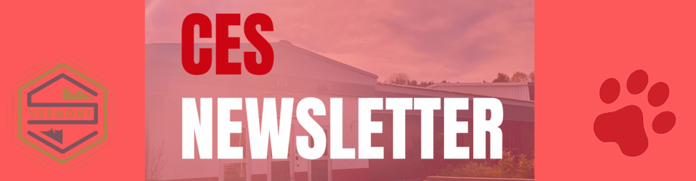 CES Newsletter Banner, showing the slate valley logo in the upper left corner and a red pawprint in the right corner. The words CES Newsletter are overlaid on a tinted photo of the front of the school building