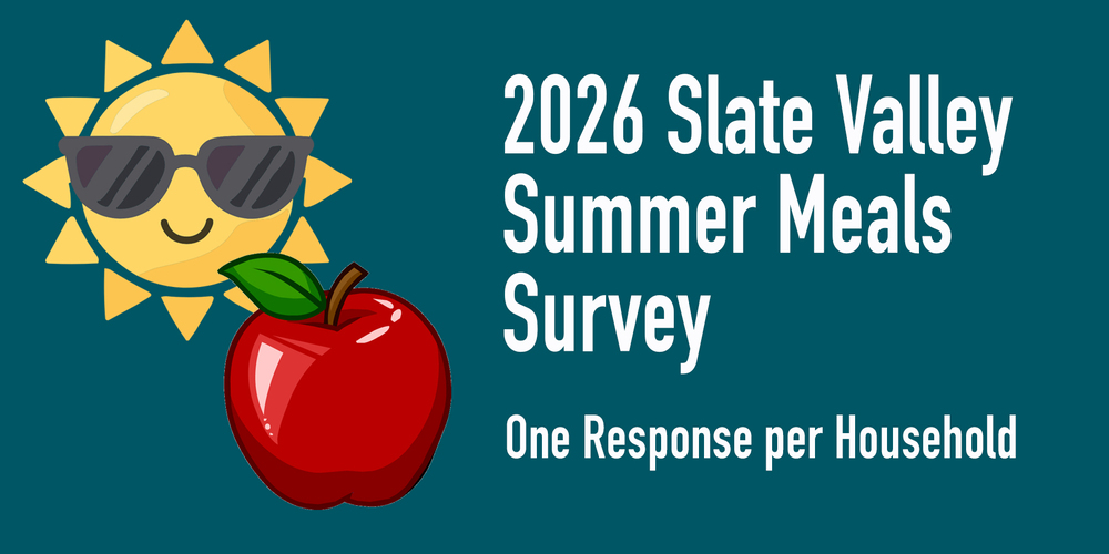 Graphic promoting the 2026 Slate Valley Summer Meals Survey. The design features a smiling cartoon sun wearing sunglasses and a large red apple on a teal background. Large white text reads, “2026 Slate Valley Summer Meals Survey,” with smaller text below that says, “One Response per Household.”