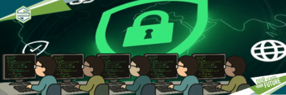 Illustration of a cybersecurity team of six people sitting at computer monitors displaying lines of code, set against a dark background featuring a glowing green padlock inside a shield and a world map. Includes the Slate Valley logo in the top-left and "Our School Your Future" badge in the bottom-right.