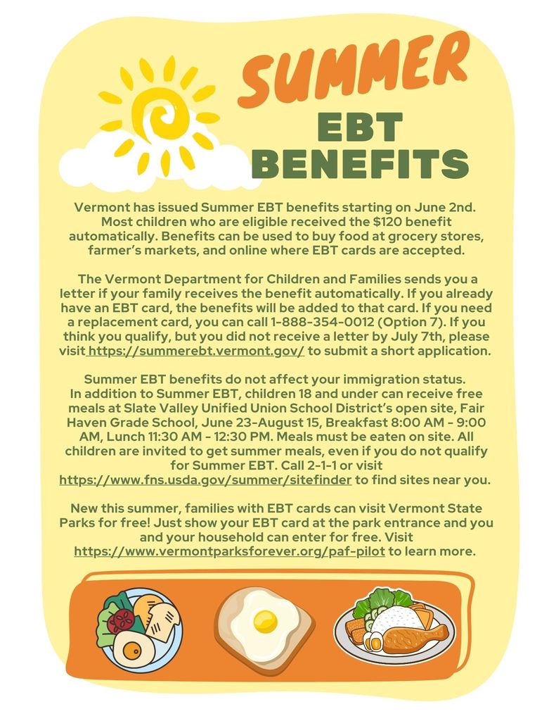 Summer EBT Benefits. Vermont has issued Summer EBT benefits starting on June 2nd. Most children who are eligible received the $120 benefit automatically. Benefits can be used to buy food at grocery stores, farmer’s markets, and online where EBT cards are accepted. The Vermont Department for Children and Families sends you a letter if your family receives the benefit automatically. If you already have an EBT card, the benefits will be added to that card. If you need a replacement card, you can call 1-888-354-0012 (Option 7). If you think you qualify, but you did not receive a letter by July 7th, please visit https://summerebt.vermont.gov/ to submit a short application. Summer EBT benefits do not affect your immigration status. In addition to Summer EBT, children 18 and under can receive free meals at Slate Valley Unified Union School District’s open site, Fair Haven Grade School, June 23-August 15, Breakfast 8:00 AM - 9:00 AM, Lunch 11:30 AM - 12:30 PM. Meals must be eaten on site. All children are invited to get summer meals, even if you do not qualify for Summer EBT. Call 2-1-1 or visit https://www.fns.usda.gov/summer/sitefinder to find sites near you. New this summer, families with EBT cards can visit Vermont State Parks for free! Just show your EBT card at the park entrance and you and your household can enter for free. Visit https://www.vermontparksforever.org/paf-pilot to learn more.