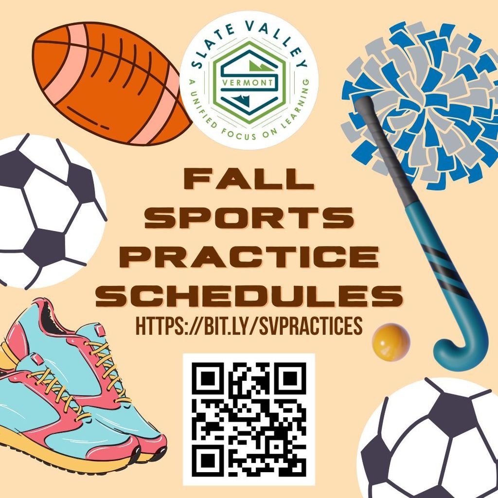 Promotional graphic for Slate Valley fall sports practice schedules. The image includes icons of a football, soccer balls, field hockey stick, pom-pom, running shoes, and a ball. The Slate Valley logo is at the top center. Text reads: "FALL SPORTS PRACTICE SCHEDULES https://bit.ly/svpractices" with a QR code displayed below.