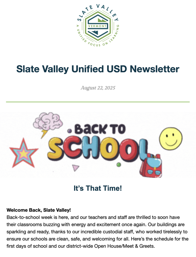 Slate Valley Unified USD newsletter dated August 22, 2025, with the district logo at the top. Below is a colorful “Back to School” graphic with stars, a smiley face, and a backpack. The headline reads “It’s That Time!” followed by a welcome message about the start of the school year, excitement from teachers and staff, and thanks to custodians for preparing clean, safe buildings.