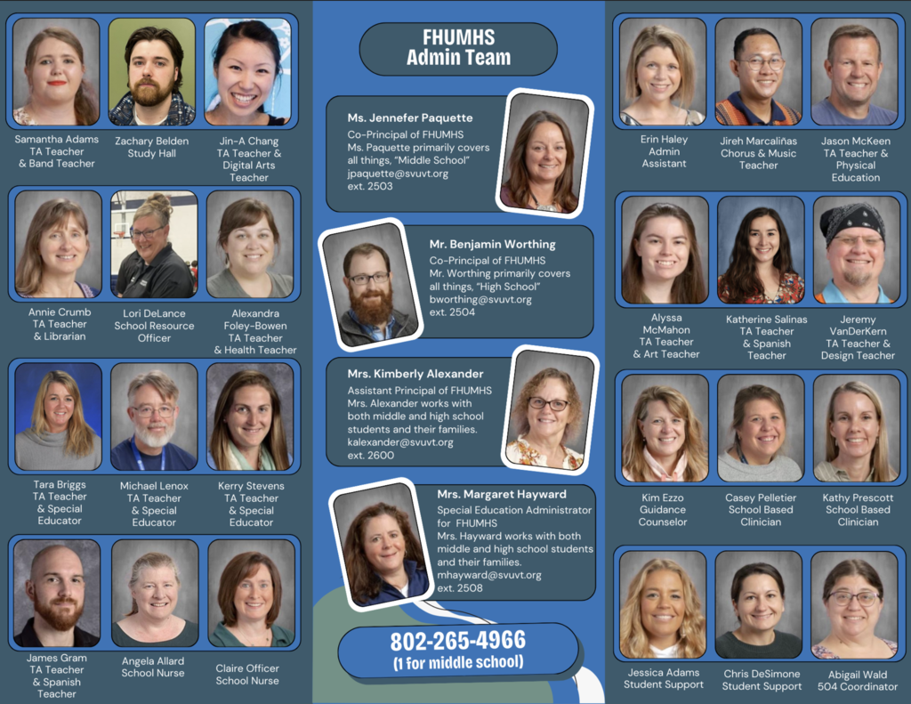 Flyer introducing FHUMS admin team and support staff with names, photos, roles, emails, and extensions. Includes principals, assistant principals, special educators, guidance, clinicians, nurses, and student support staff, along with a contact number: 802-265-4966.