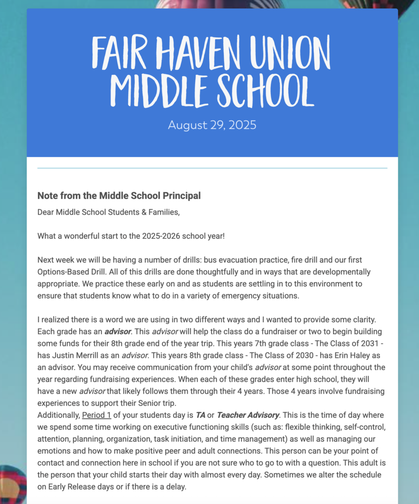 First page of Fair Haven Union Middle School newsletter dated August 29, 2025. Includes a note from the principal to families about the start of the school year, upcoming safety drills, the role of class and teacher advisors, and guidance on student support during advisory period.