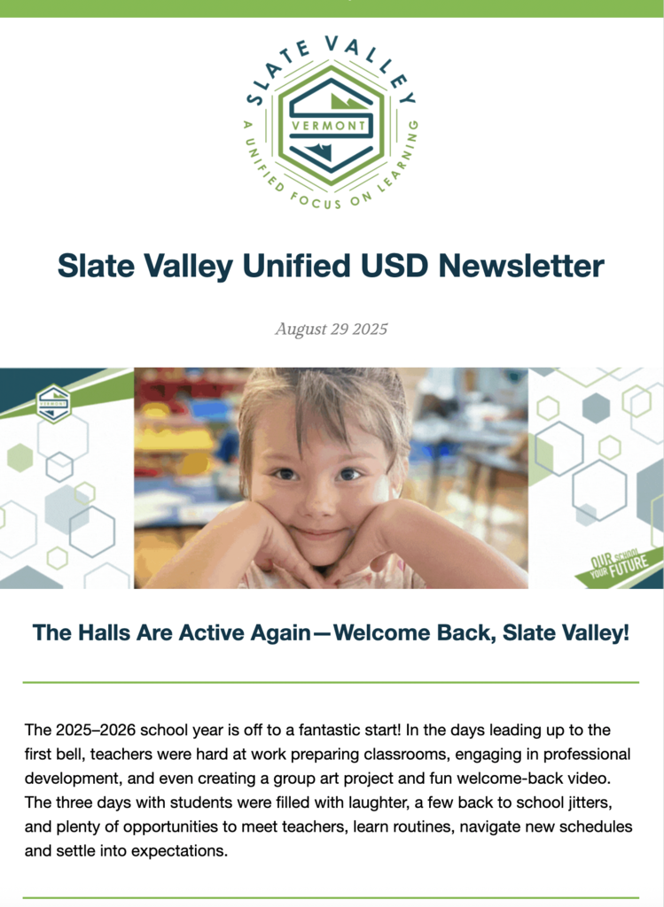 First page of Slate Valley Unified USD newsletter, dated August 29, 2025. Banner shows the Slate Valley logo with the title 'The Halls Are Active Again—Welcome Back, Slate Valley!' Below is a photo of a smiling child resting their chin on their hands. The text highlights the start of the 2025–2026 school year, with teacher prep, student activities, and excitement for a new year.