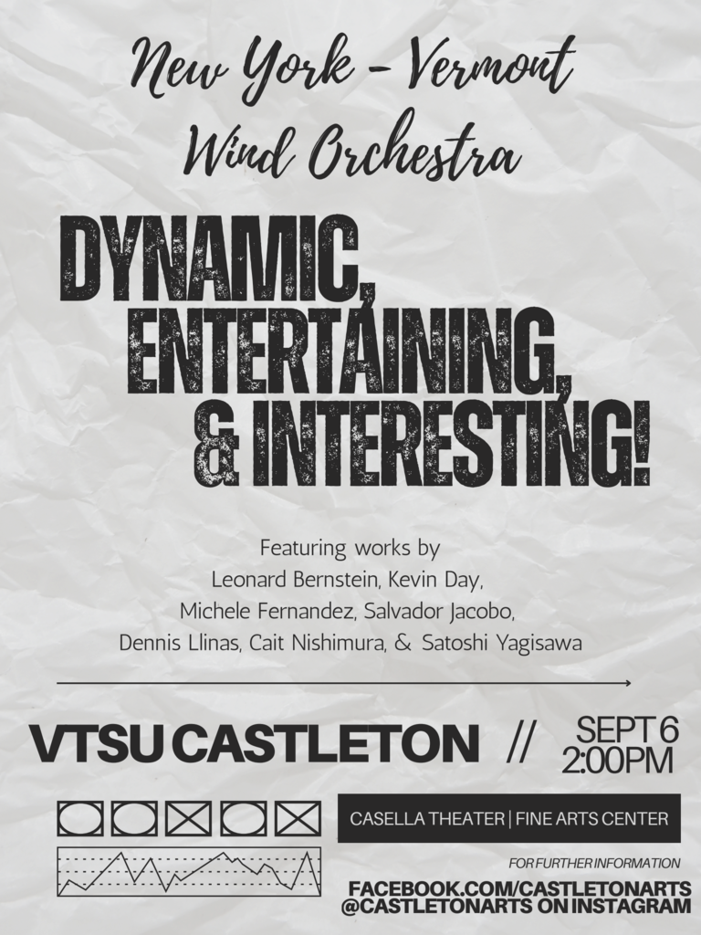 Poster for New York–Vermont Wind Orchestra concert at VTSU Castleton, Casella Theater, September 6 at 2 PM. Features works by Bernstein, Day, Fernandez, Jacobo, Llinas, Nishimura, and Yagisawa.