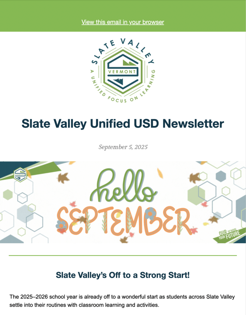 Slate Valley Unified USD Newsletter dated September 5, 2025, with Slate Valley logo and banner reading ‘Hello September.