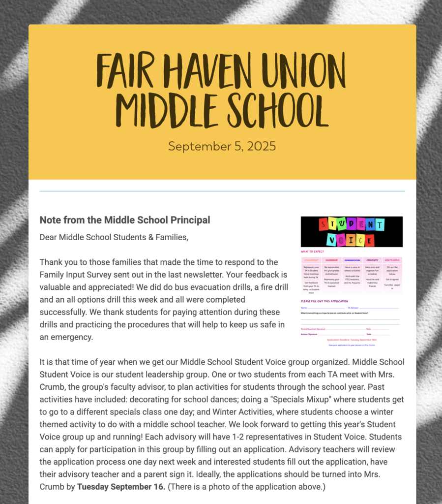 Fair Haven Union Middle School newsletter dated September 5, 2025, with a principal’s note about safety drills and launching the Student Voice leadership group.