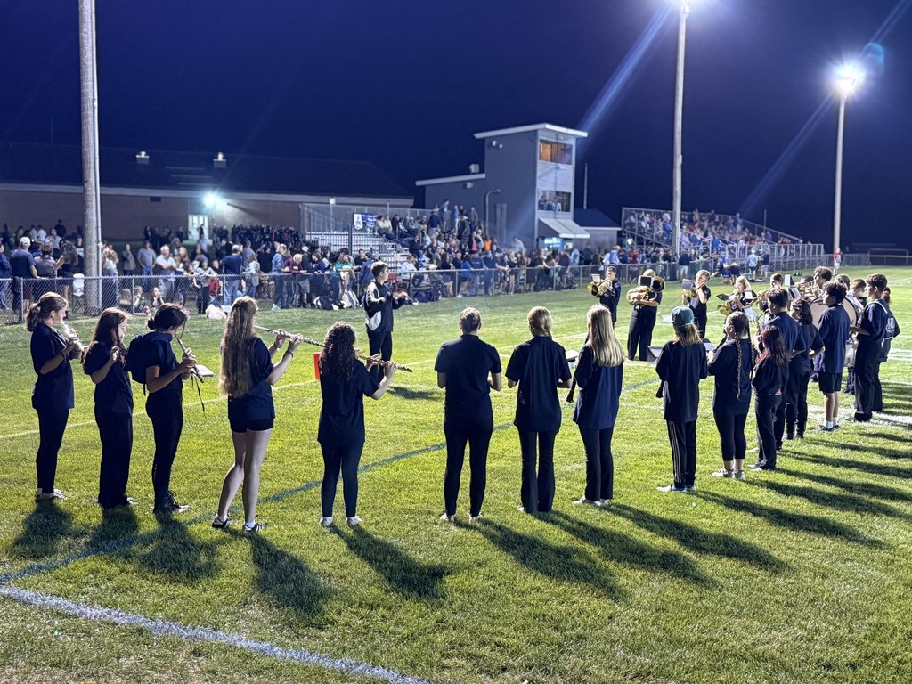 Wide side view of band members performing under stadium lights with the audience in the stands.