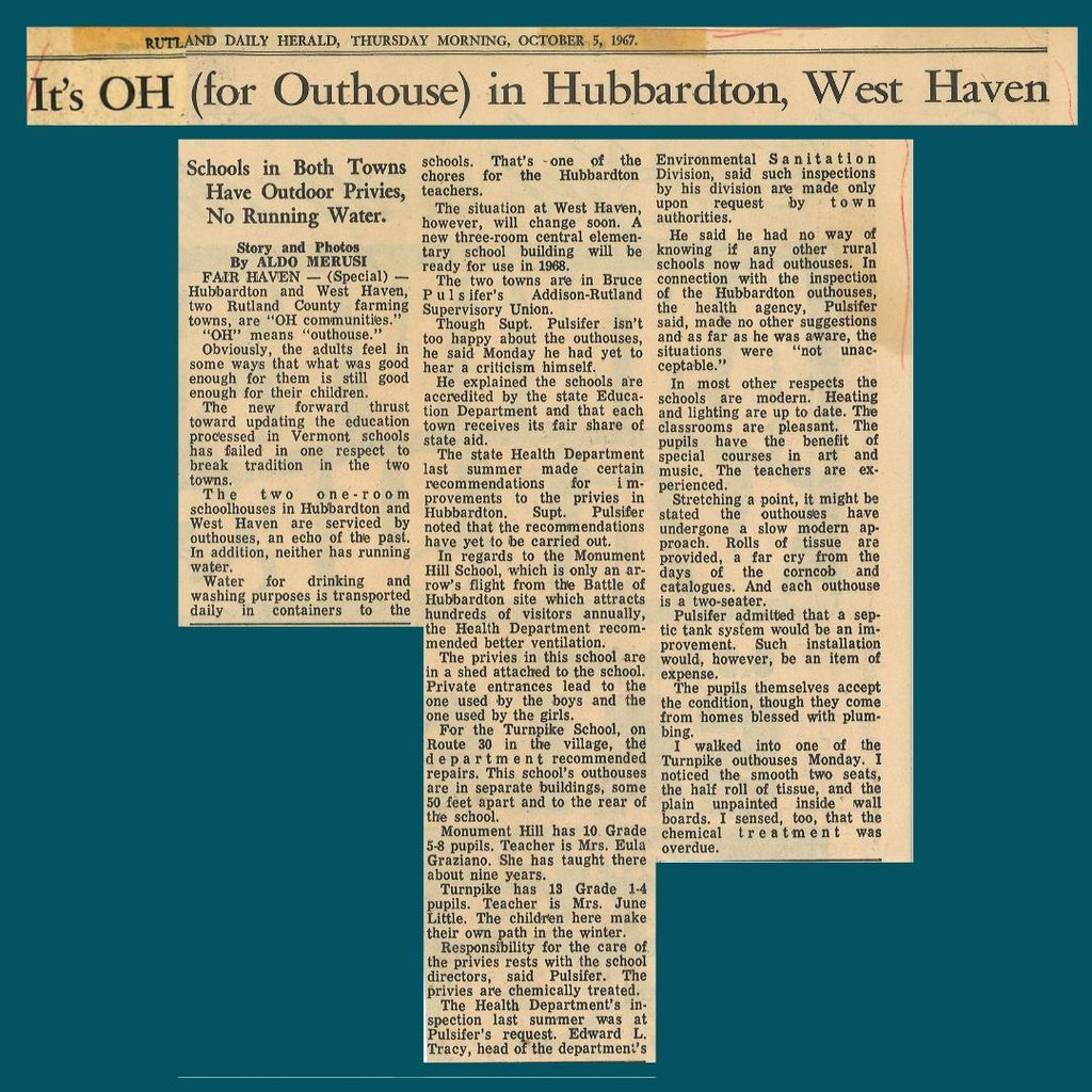 1967 Rutland Daily Herald article titled “It’s OH (for Outhouse) in Hubbardton, West Haven” describing schools with outdoor privies and no running water.