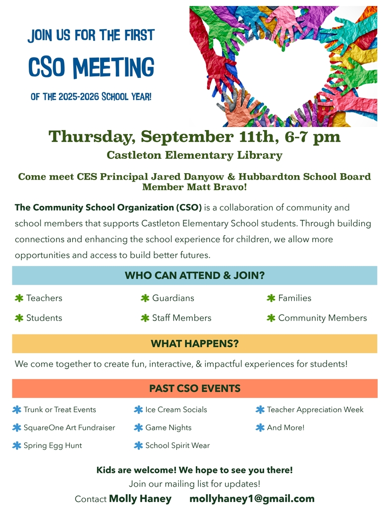 Flyer invites families to the first 2025–26 CSO meeting at Castleton Elementary Library on Sept 11, 6–7 pm. Kids welcome.