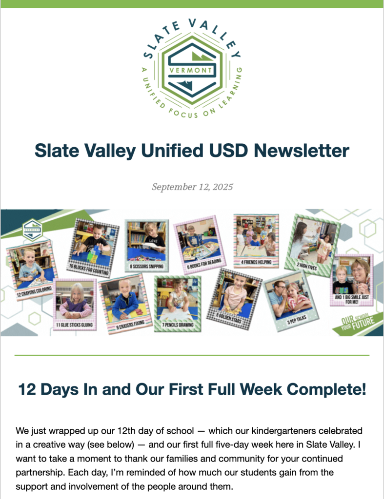 Slate Valley Unified USD newsletter dated September 12, 2025, featuring a banner of kindergarten students holding posters for the “12th Day of School” celebration with phrases like “12 crayons coloring,” “6 golden stars,” and “1 big smile just for me.” Headline reads: “12 Days In and Our First Full Week Complete!” with a note thanking families and community for their support.