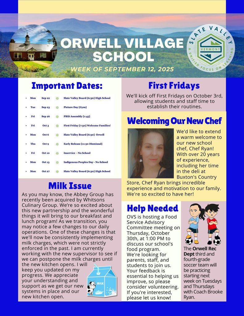 Orwell Village School newsletter Sept 12, 2025 with key dates, new chef intro, milk program update, and calls for volunteers.