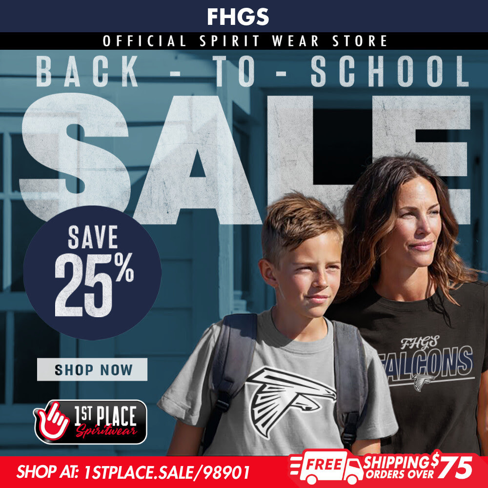 Back-to-school spirit wear sale advertisement for FHGS showing a woman and boy wearing Falcons shirts, with text promoting 25% off and free shipping on orders over $75.