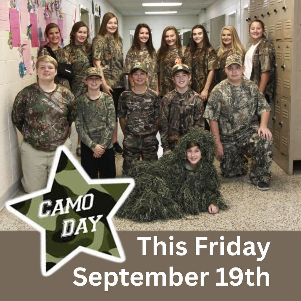 Group of students dressed in camouflage clothing posing in a school hallway for Camo Day. Text on image reads: 'Camo Day, This Friday September 19th.