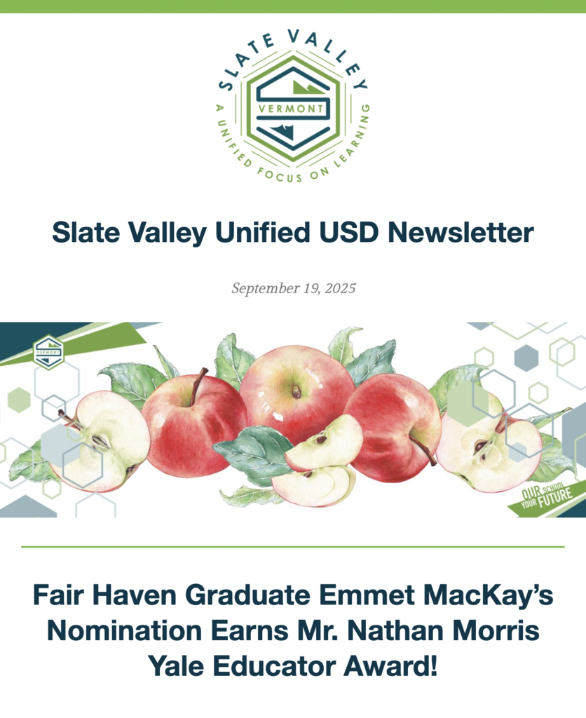 Slate Valley Unified USD Newsletter cover dated September 19, 2025, featuring the Slate Valley logo, illustrations of apples, and headline announcing that Fair Haven graduate Emmet MacKay’s nomination earned Mr. Nathan Morris the Yale Educator Award.