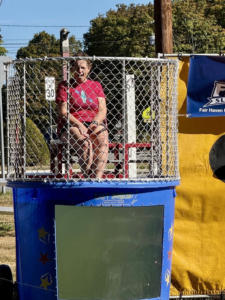 A woman sits above water in a dunk tank, wearing a pink shirt and shorts, waiting for participants to throw a ball at the target.