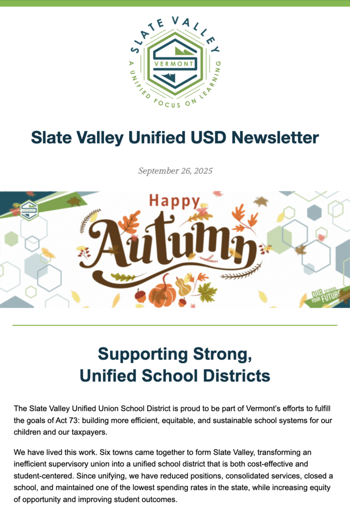 Slate Valley newsletter, Sept 26, 2025: Happy Autumn and message on strong, unified school districts.