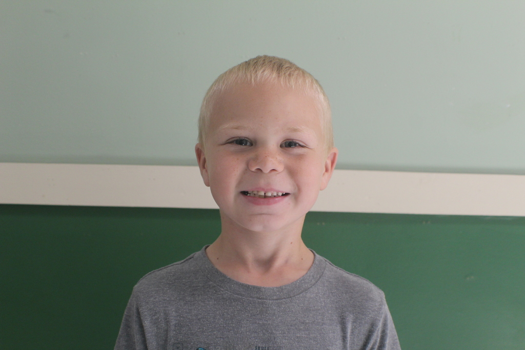 Portrait of a young boy with short blonde hair and freckles, wearing a gray t-shirt. He is smiling slightly.