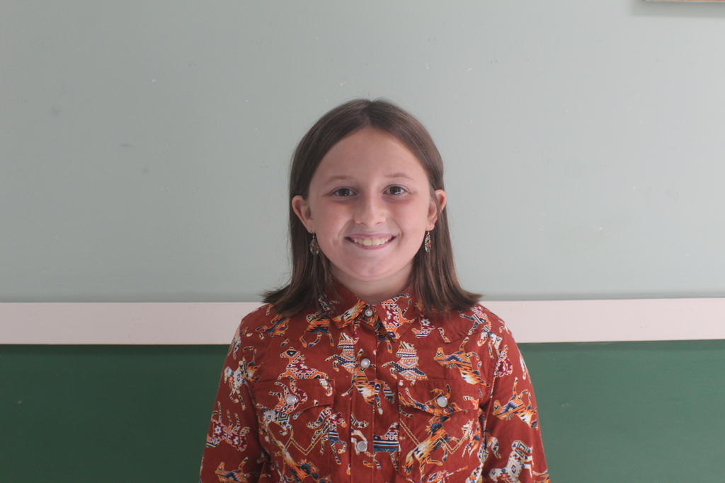 Portrait of a young girl with shoulder-length brown hair, wearing a rust-colored button-up shirt with a patterned print. She is smiling and wearing small earrings.