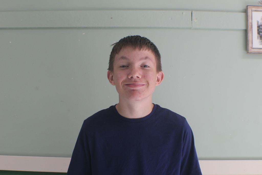 Portrait of an older boy, possibly a middle school student, with short dark hair and a few visible blemishes, wearing a dark blue t-shirt. He is smiling slightly.