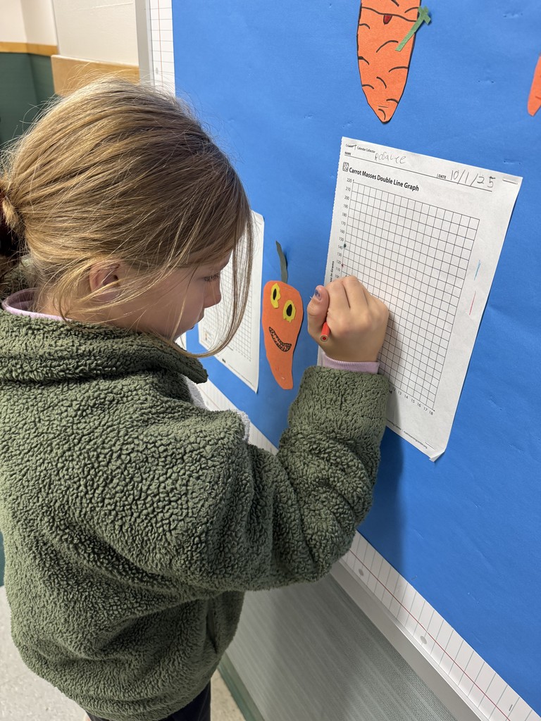 5th graders are busy collecting data on our carrots for October’s Number Corner! After just  few days, our carrots’ masses are dropping, and we are graphing the progress all month!