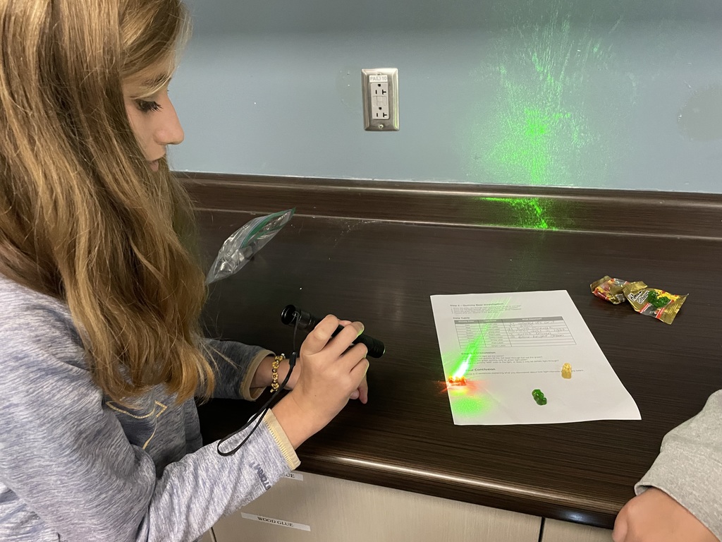 Student shines a green laser light on gummy bears placed on a worksheet, with light reflecting on the wall.