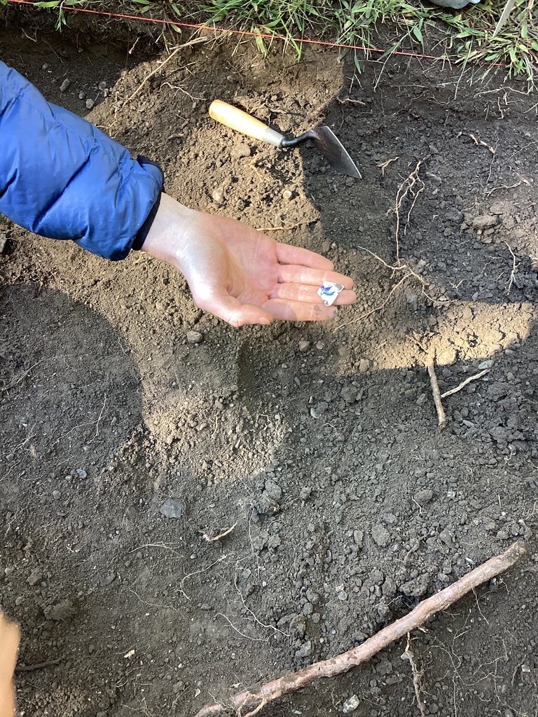 A hand holds a small pottery shard found in an excavation site.