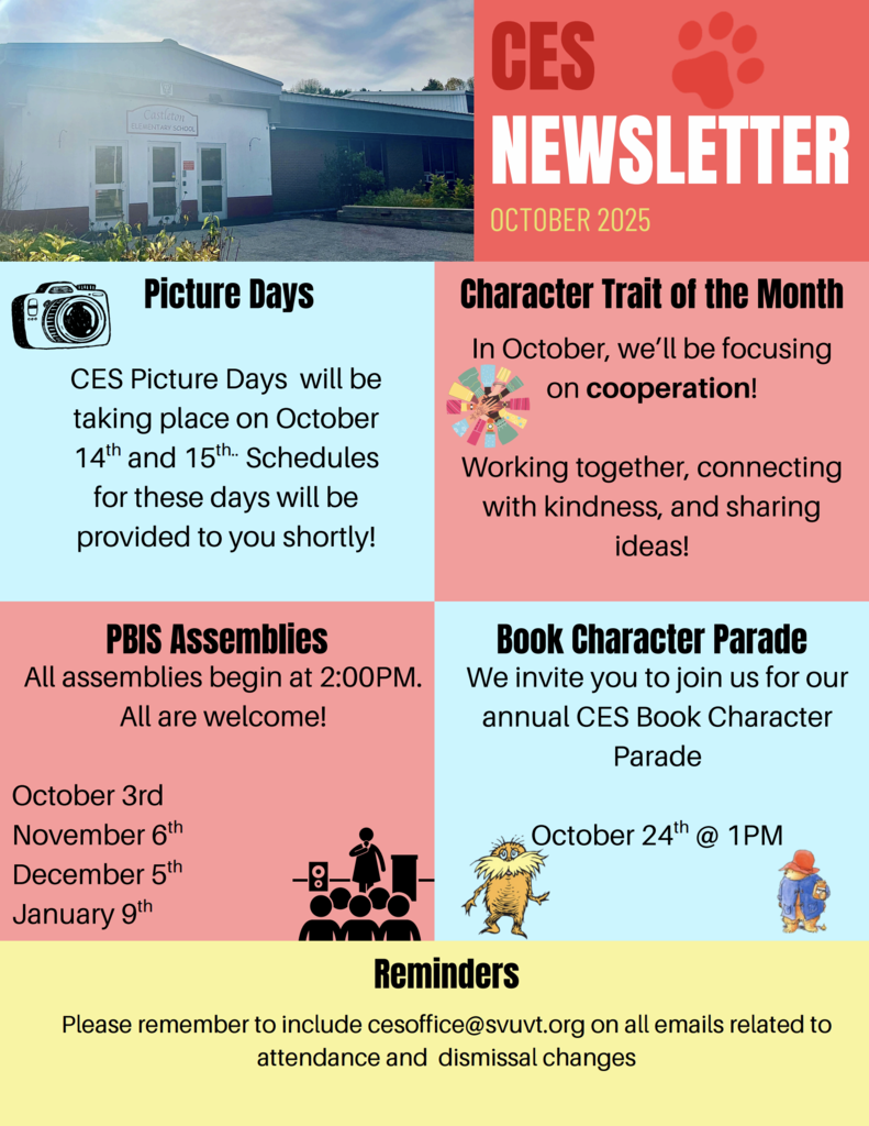 CES October 2025 newsletter with info on Picture Days, PBIS assemblies, Book Character Parade, and trait of the month.