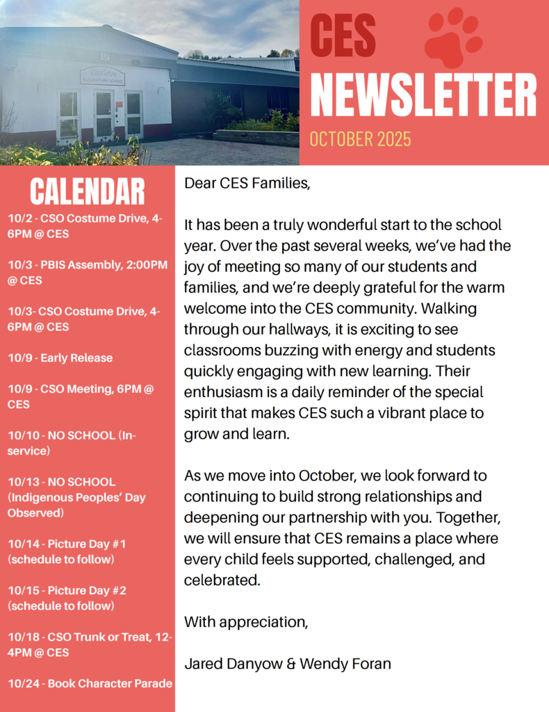 CES October 2025 newsletter with events calendar and message celebrating a strong start to the school year.