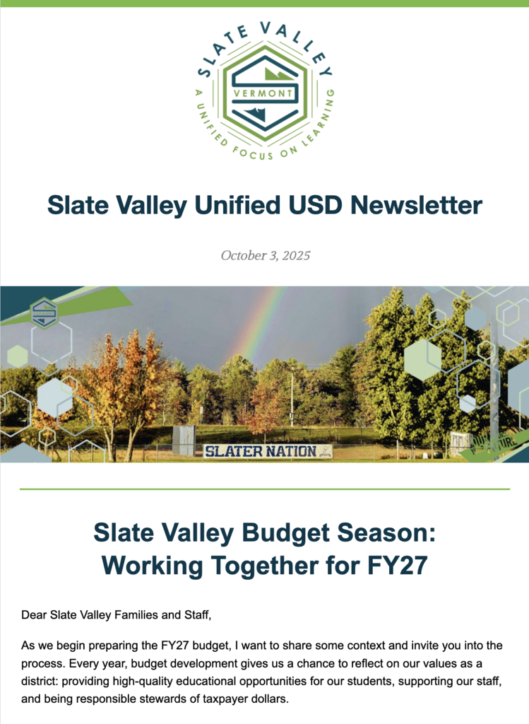 Slate Valley Unified USD Newsletter, Oct 3, 2025. Headline: Slate Valley Budget Season: Working Together for FY27. Includes letter inviting families and staff into the budget process, with a photo of a rainbow over trees and a Slater Nation sign.