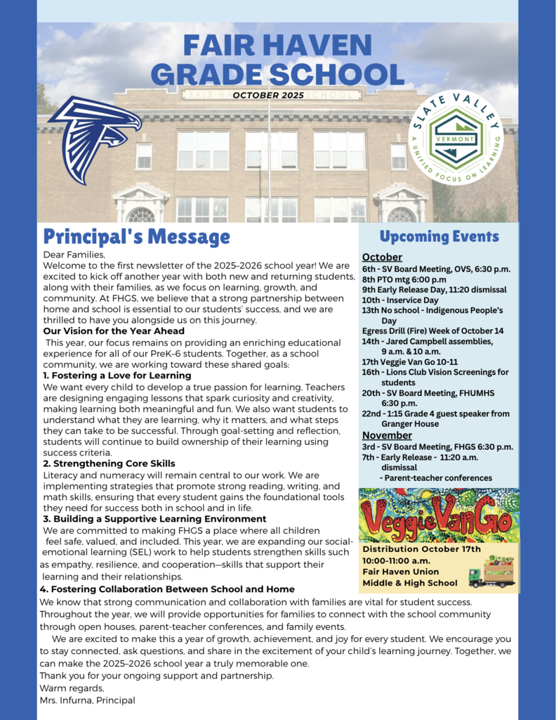 First page of Fair Haven Grade School Newsletter, highlighting the Principal's message and Upcoming Events
