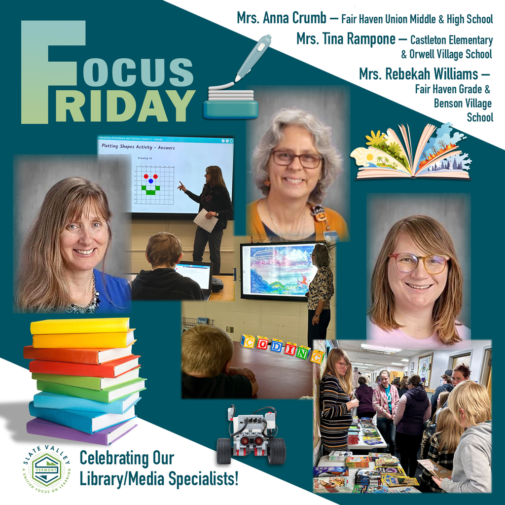 Graphic titled “Focus Friday” celebrating library/media specialists Mrs. Anna Crumb, Mrs. Tina Rampone, and Mrs. Rebekah Williams, featuring photos of them teaching students, leading activities on interactive boards, and promoting books, with text reading “Celebrating Our Library/Media Specialists!”