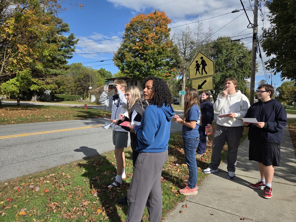 High school students stand on a sidewalk with notebooks, observing traffic under a clear blue sky.