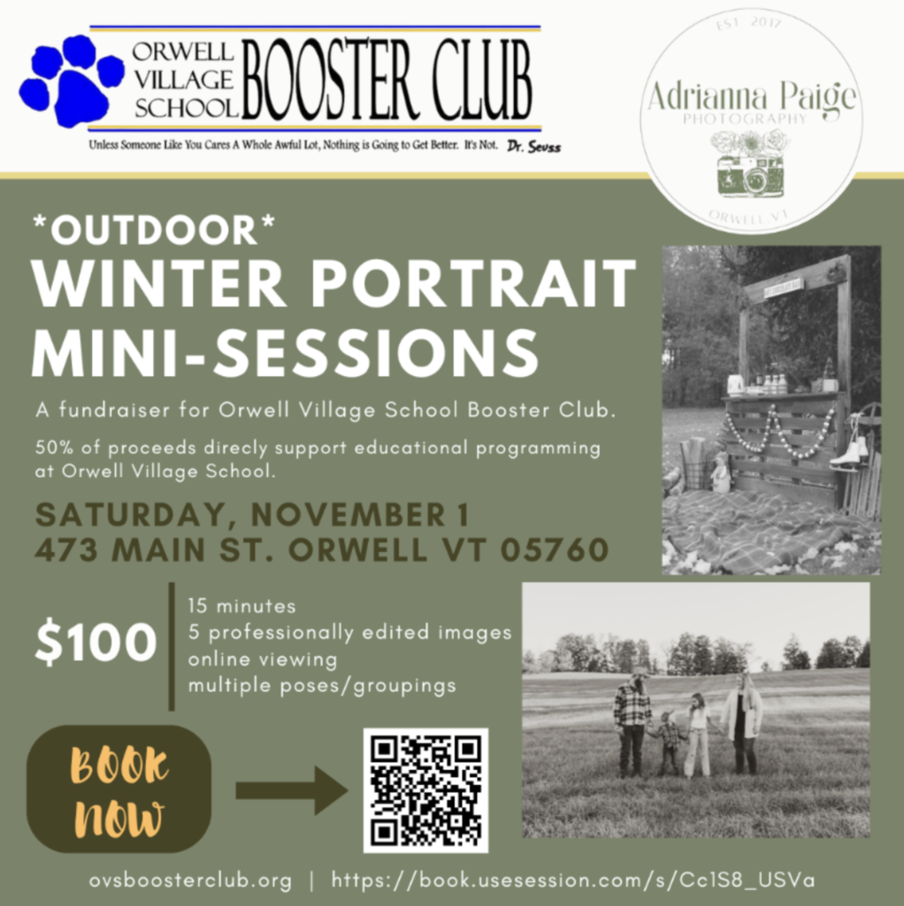 OVS Booster Club Flyer for Photo Session on November 1st, $100 per session, sign up at book.usesession.com/s/Cc1S8_USVa