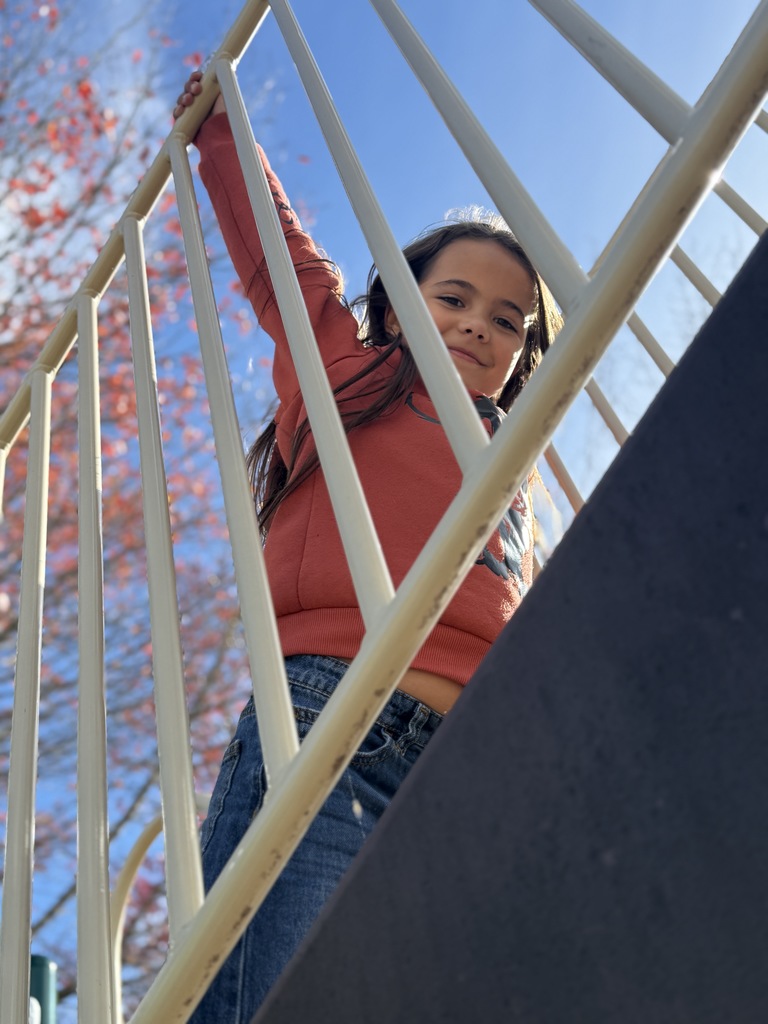 A child in an orange sweatshirt smiles from behind playground bars.