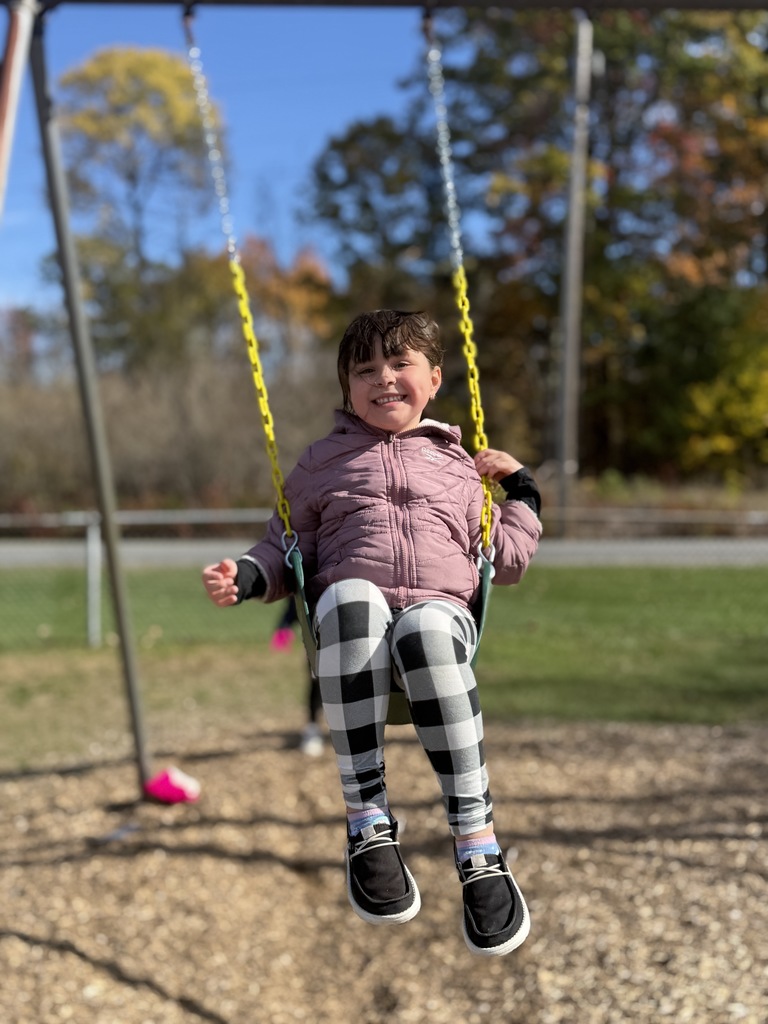 A child in a pink jacket smiles while swinging on a playground swing.