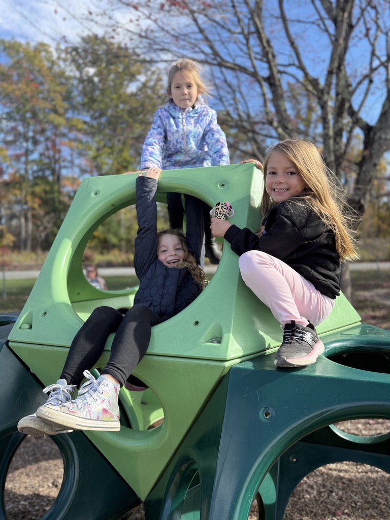 Three children climb and smile on a green playground structure under a blue sky.