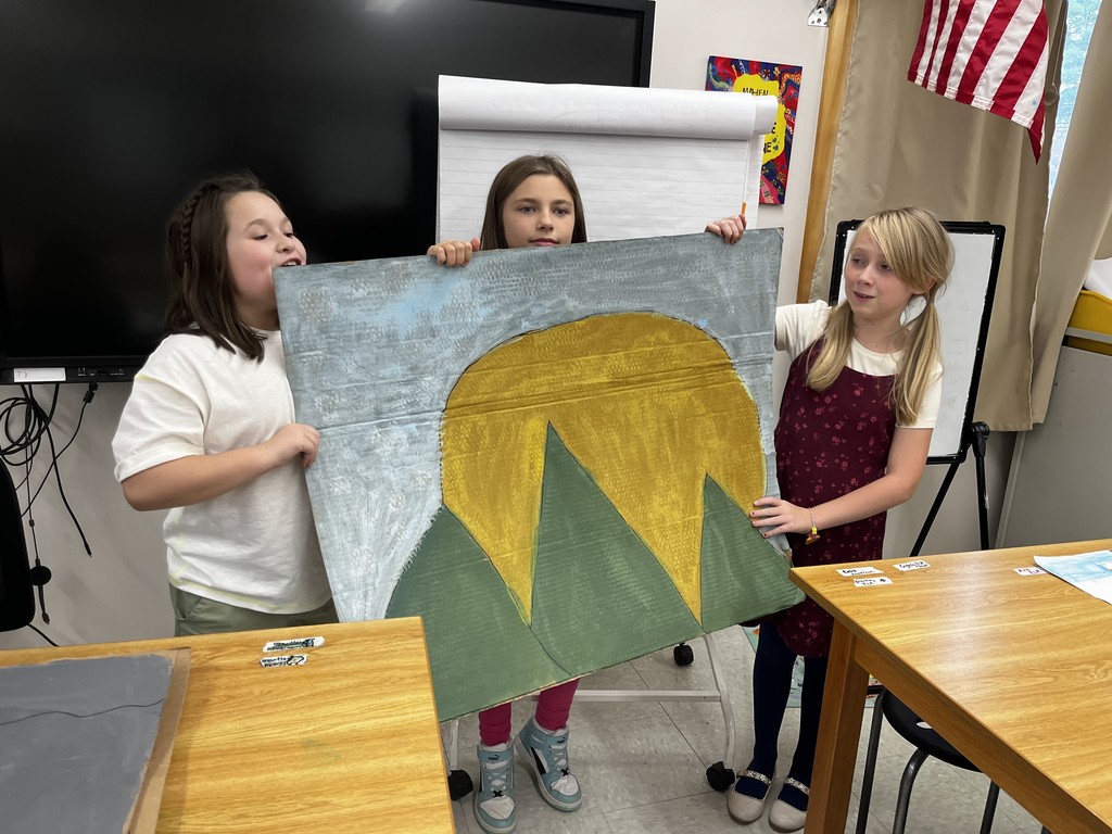 Practicing our weather reporting with weather scenes we painted