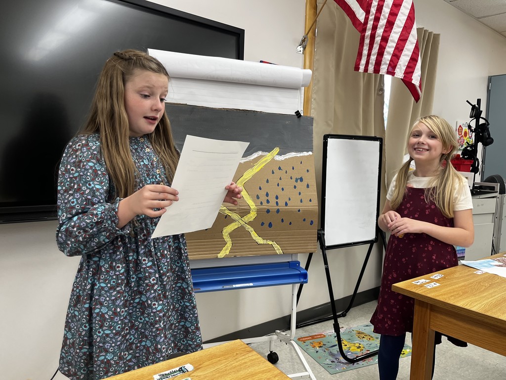 Practicing our weather reporting with weather scenes we painted