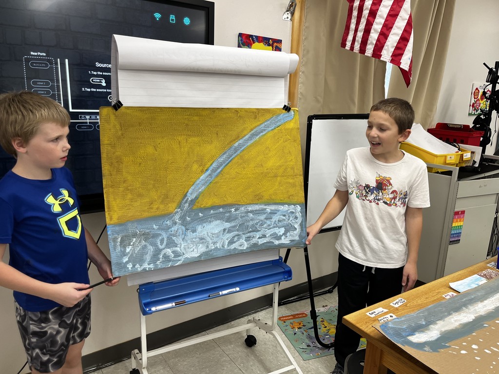 Practicing our weather reporting with weather scenes we painted
