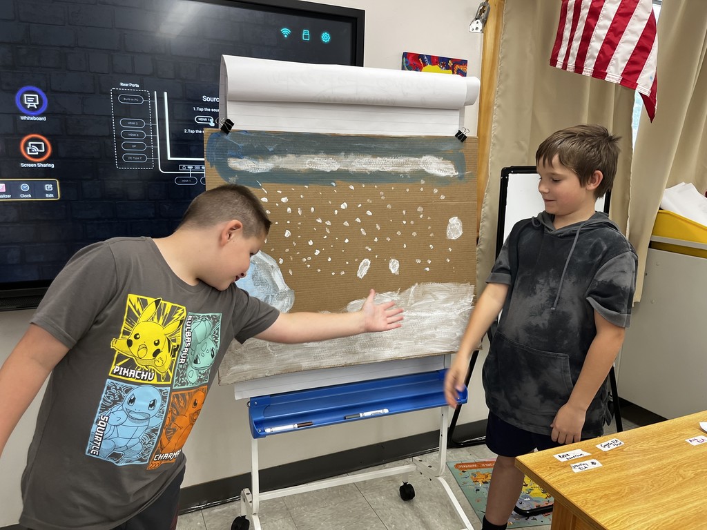 Practicing our weather reporting with weather scenes we painted