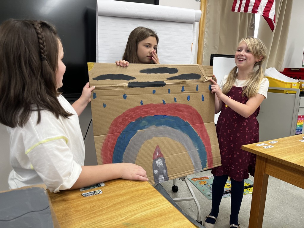 Practicing our weather reporting with weather scenes we painted