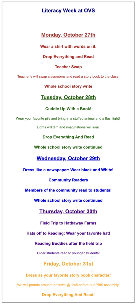 Colorful poster listing various activities for Literacy Week October 27 - 31.