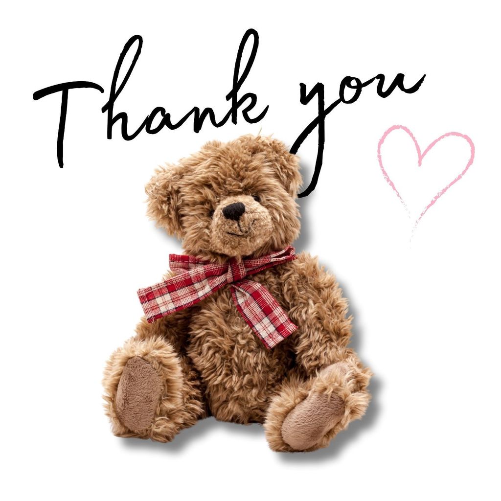 Picture of a brown stuffed bear wearing a plaid red bow, sitting with the words "Thank You" behind it, with a pink heart