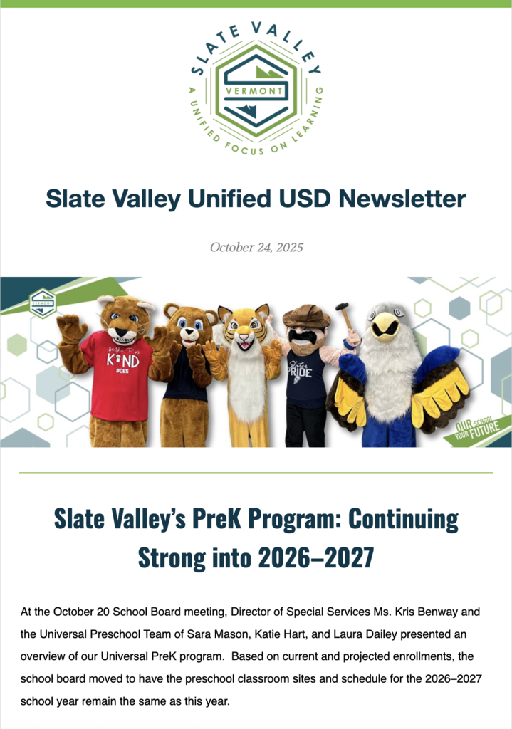 Screenshot of the Slate Valley Unified USD Newsletter dated October 24, 2025. The header includes the Slate Valley logo with the words “A Unified Focus on Learning.” Below the title is a photo of five school mascots standing together: a cougar in a red “Be the ‘I’ in KIND” shirt, a bobcat, a lynx, a miner wearing a “Slater Pride” shirt, and an eagle with yellow wings. The section headline reads “Slate Valley’s PreK Program: Continuing Strong into 2026–2027,” followed by text summarizing the school board’s decision to maintain current preschool sites and schedules for the 2026–2027 school year.