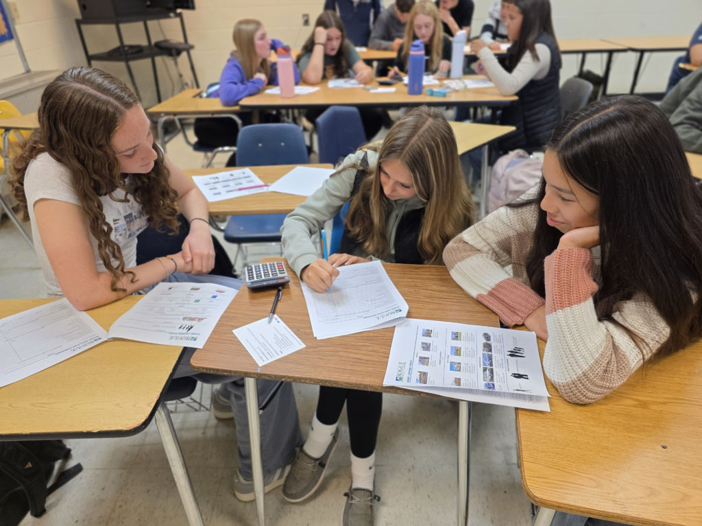 Three students work together at a desk on a budgeting worksheet, using a calculator and discussing their answers, with other students working in the background.