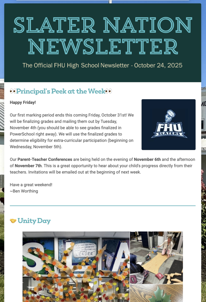 Slater Nation Newsletter, first page, with a Principal's Peek at the Week article, and an article about Unity Day, with photos of a hand made tree with paper leaves on it, covered with hand written messages of encouragement