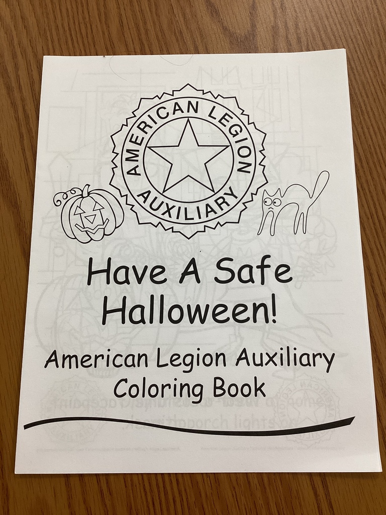 A Halloween-themed coloring book cover with the American Legion Auxiliary logo and illustrations of a pumpkin and a cat, reading “Have a Safe Halloween! American Legion Auxiliary Coloring Book.”