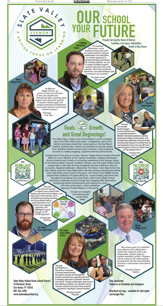 Slate Valley Unified School District “Our School, Your Future” poster featuring principals from all district schools, their goals for student success, and images of students engaged in learning and activities.